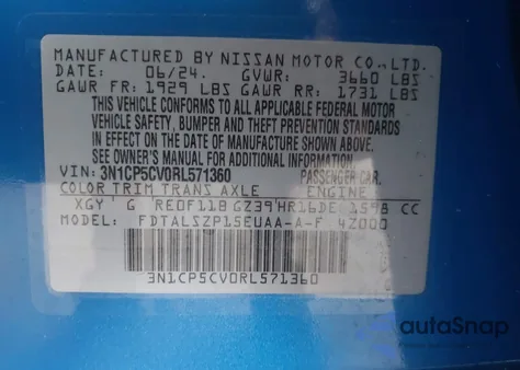 2024 Nissan Kicks Sv Xtronic Cvt из США, поврежденный, VIN 3N1CP5CV0RL571360